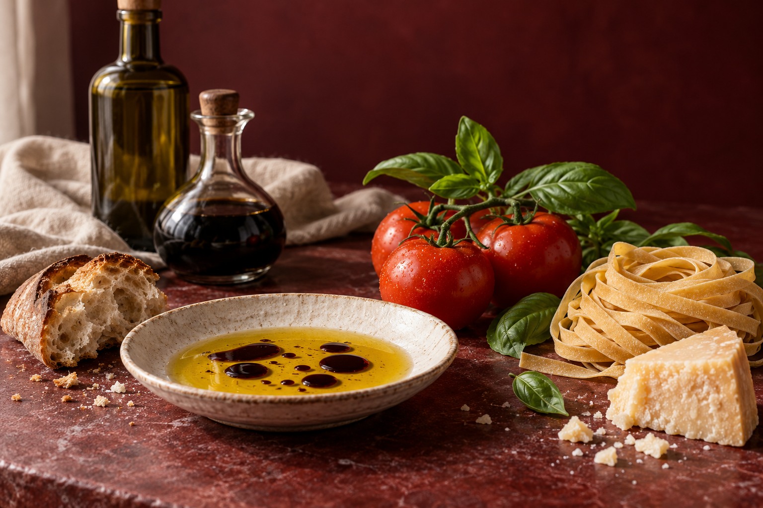 Dispensa italiana con olio, balsamico, pasta artigianale, pomodori, basilico, formaggio stagionato e pane